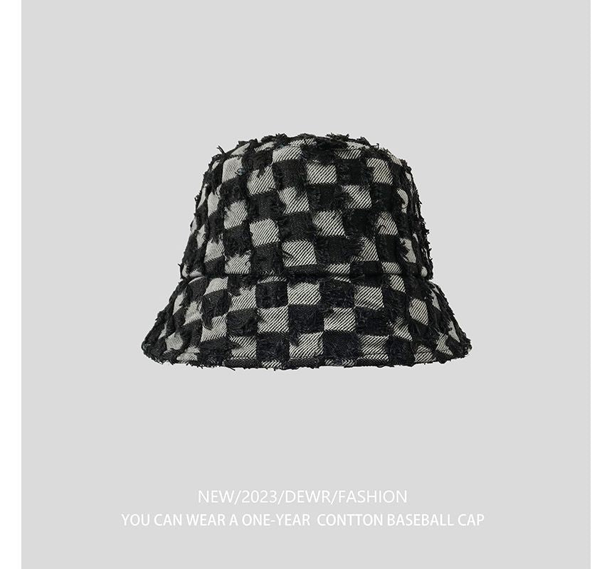 Checker Bucket Denim Hat Fringed