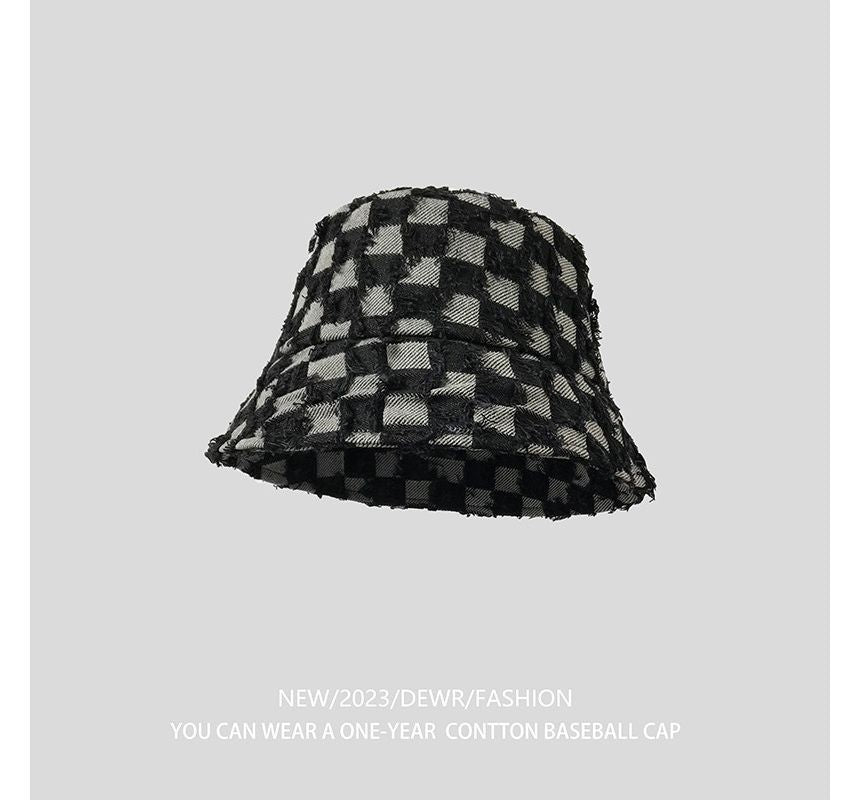 Checker Bucket Denim Hat Fringed
