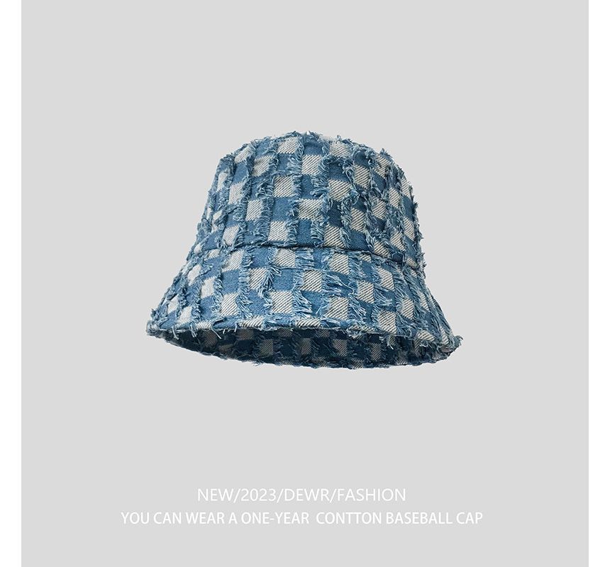 Checker Bucket Denim Hat Fringed