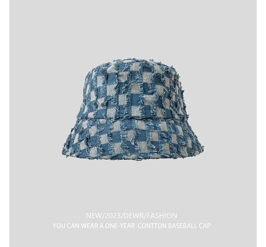 Checker Bucket Denim Hat Fringed