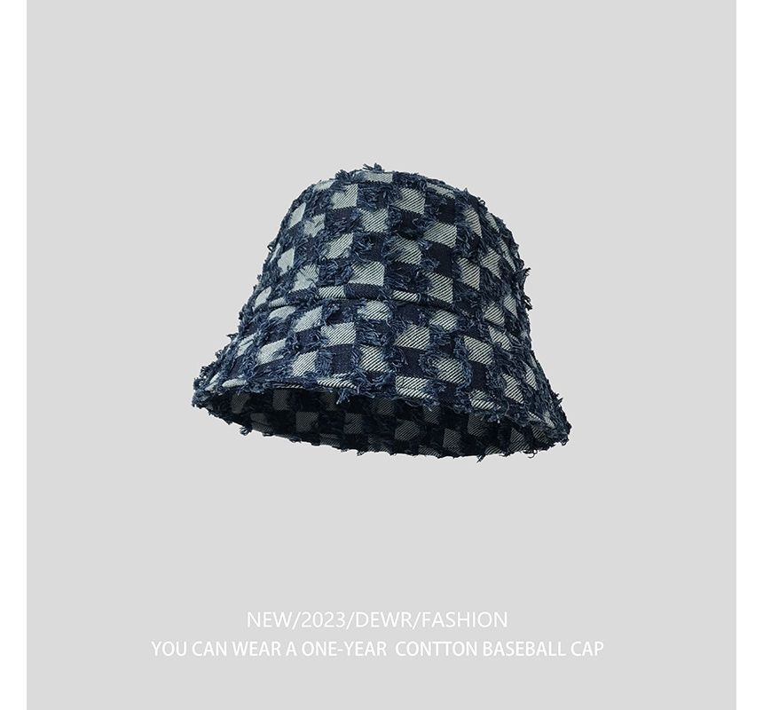 Checker Bucket Denim Hat Fringed