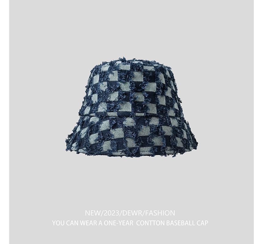 Checker Bucket Denim Hat Fringed