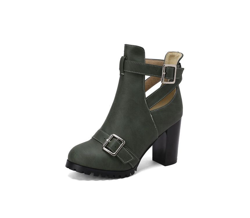 Buckled Cutout Chunky Heel Ankle Boots