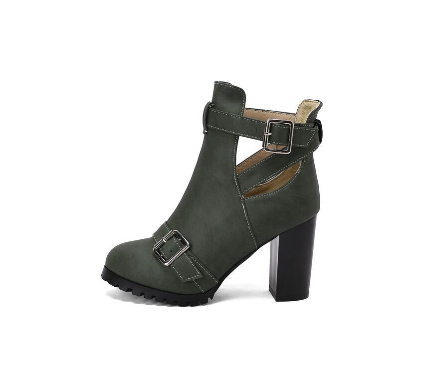 Buckled Cutout Chunky Heel Ankle Boots