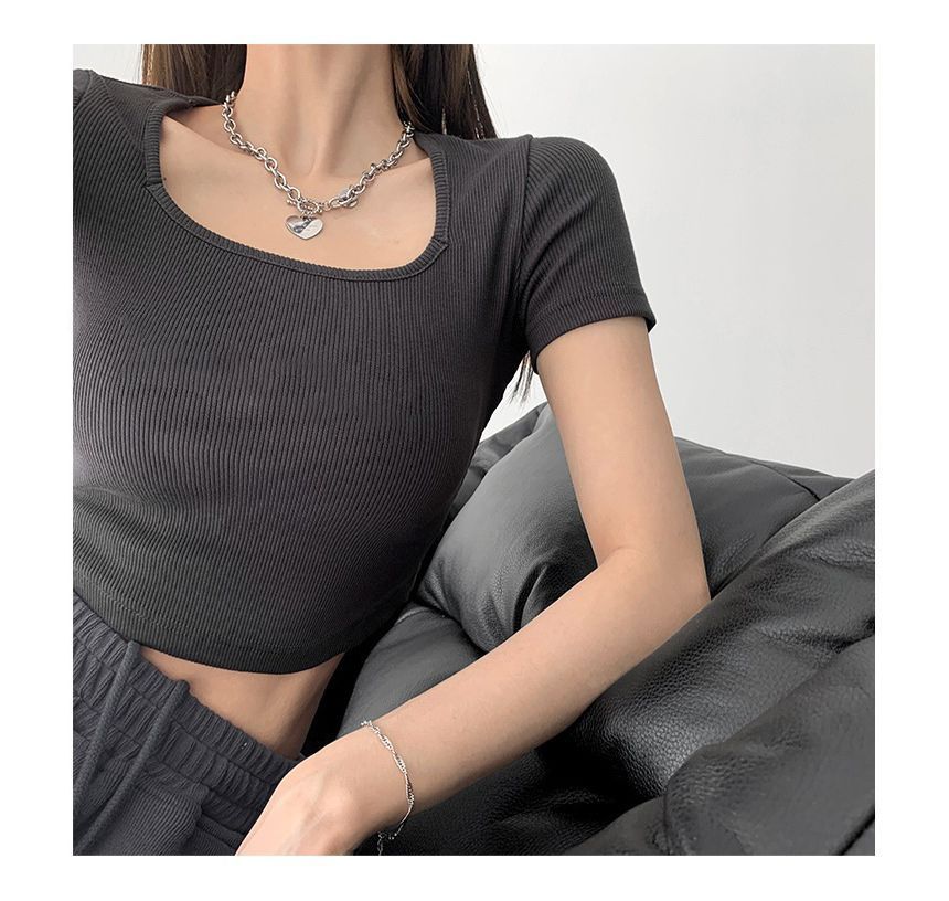 Asymmetrical Cropped Neck Square T-Shirt Plain Short-Sleeve