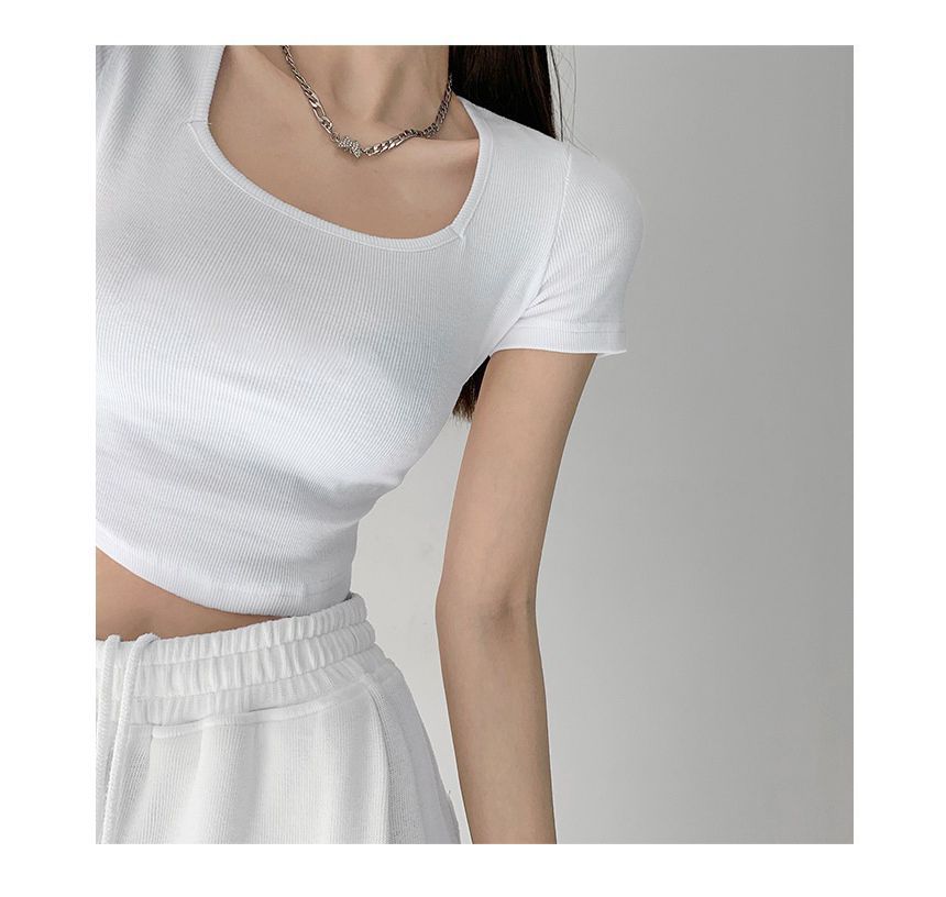 Asymmetrical Cropped Neck Square T-Shirt Plain Short-Sleeve