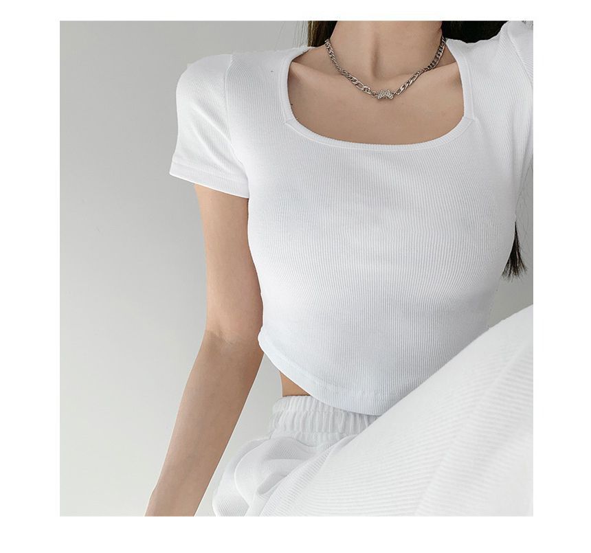 Asymmetrical Cropped Neck Square T-Shirt Plain Short-Sleeve