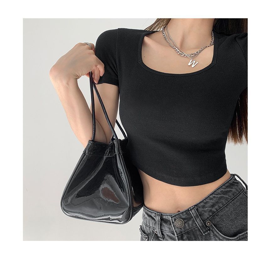 Asymmetrical Cropped Neck Square T-Shirt Plain Short-Sleeve