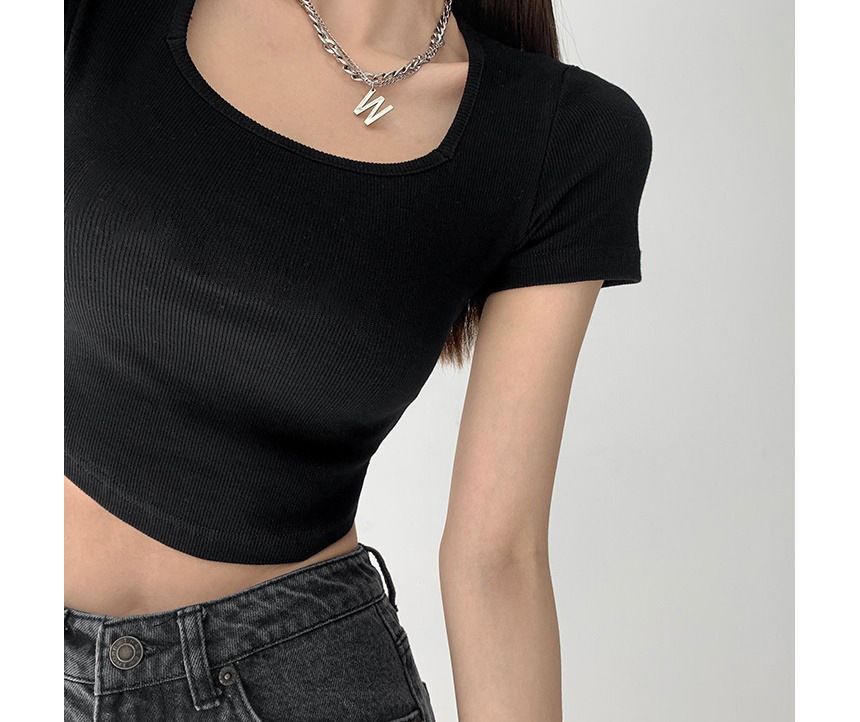 Asymmetrical Cropped Neck Square T-Shirt Plain Short-Sleeve
