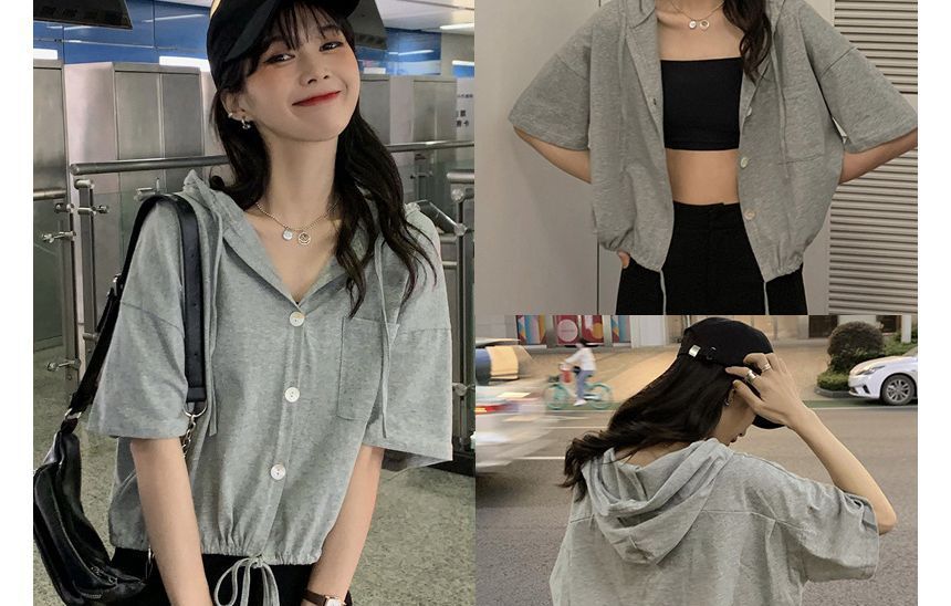 Short-Sleeve Plain Hooded Cropped Tee Button-Up