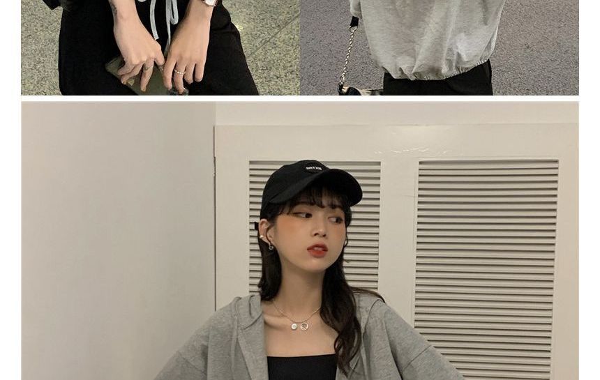 Short-Sleeve Plain Hooded Cropped Tee Button-Up