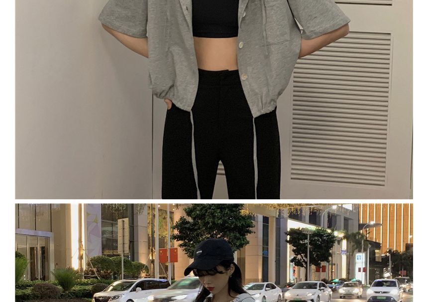 Short-Sleeve Plain Hooded Cropped Tee Button-Up