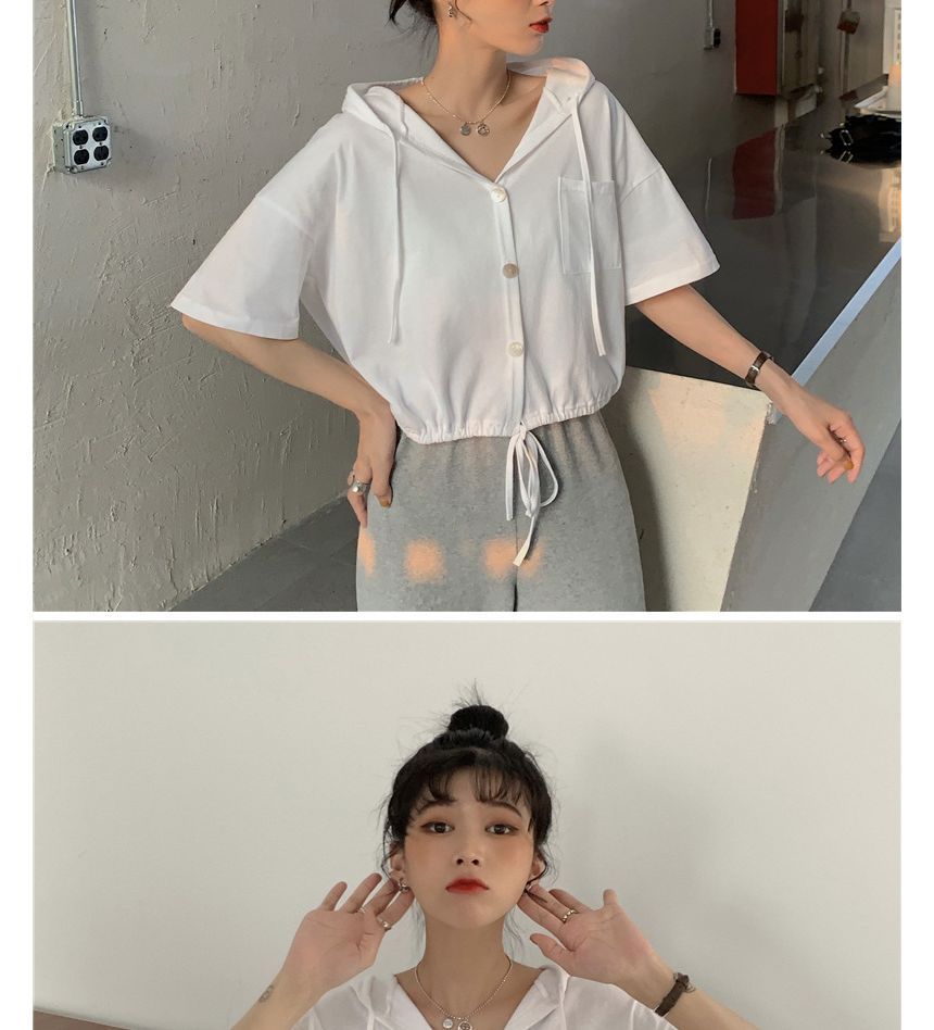 Short-Sleeve Plain Hooded Cropped Tee Button-Up