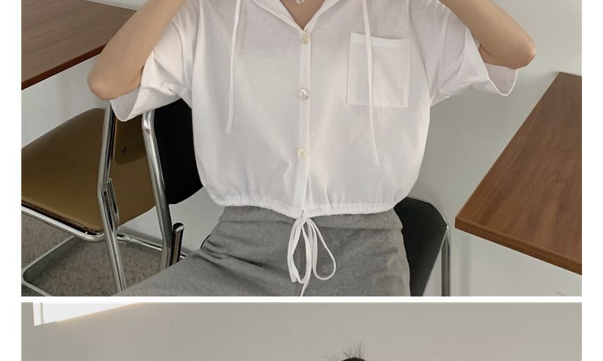 Short-Sleeve Plain Hooded Cropped Tee Button-Up