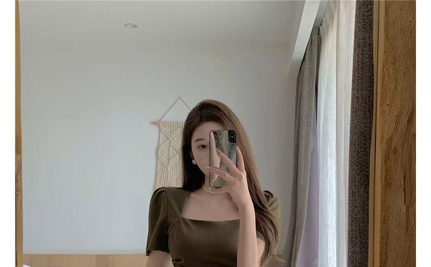 Mini Neck Square Dress A-Line Plain Short-Sleeve