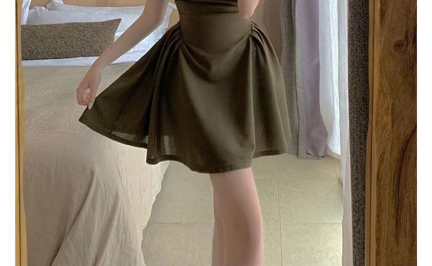 Mini Neck Square Dress A-Line Plain Short-Sleeve