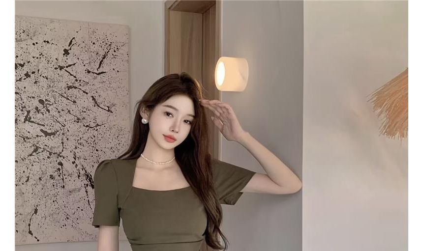 Mini Neck Square Dress A-Line Plain Short-Sleeve