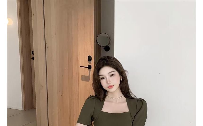 Mini Neck Square Dress A-Line Plain Short-Sleeve