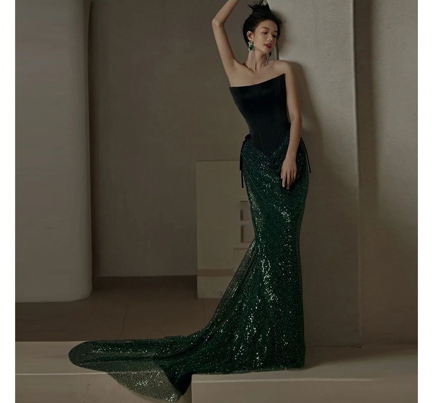 Strapless Sequin Trumpet Evening Gown