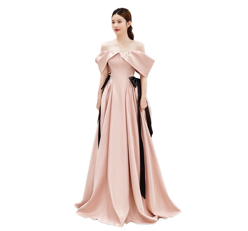 Cold-Shoulder Plain Bow A-Line Evening Gown