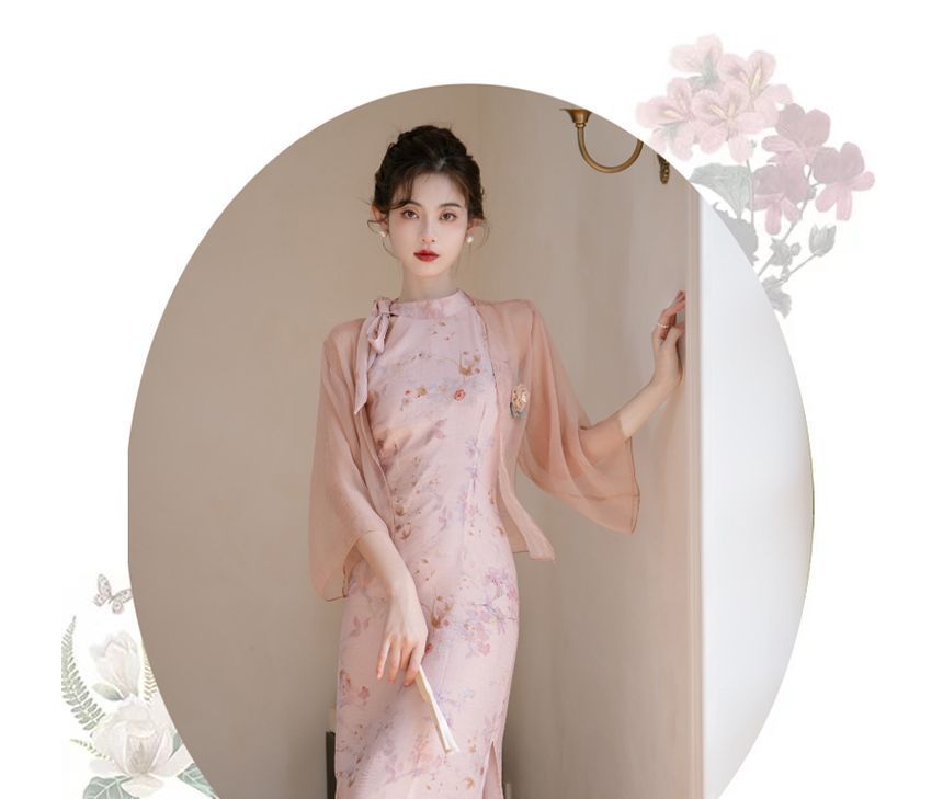 Sleeveless Tie Neck Floral Midi Qipao / Light Jacket / Set