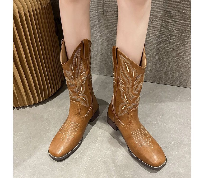 Heel Embroidered Cowboy Chunky Boots