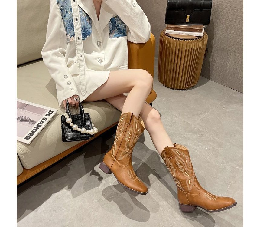 Heel Embroidered Cowboy Chunky Boots