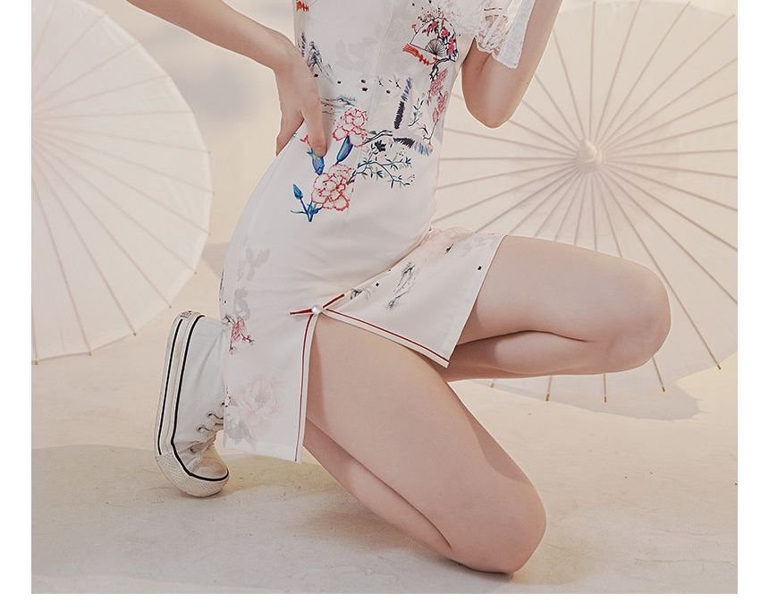 Short-Sleeve Crane Mini Qipao