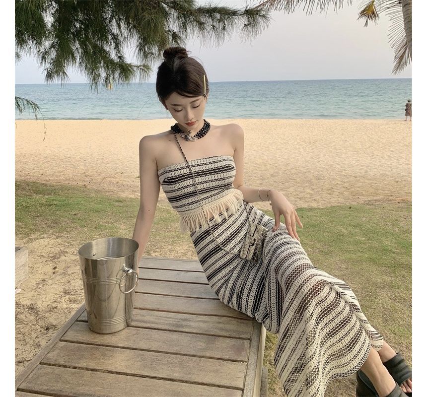 Set: Striped Tube Top + Mid Waist Maxi Pencil Skirt