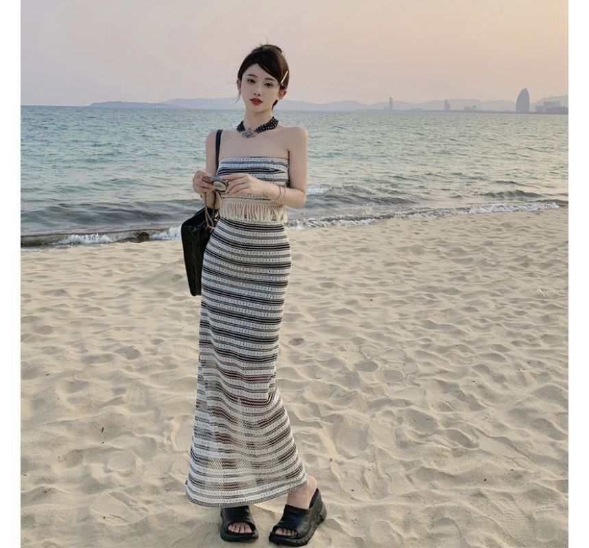 Set: Striped Tube Top + Mid Waist Maxi Pencil Skirt