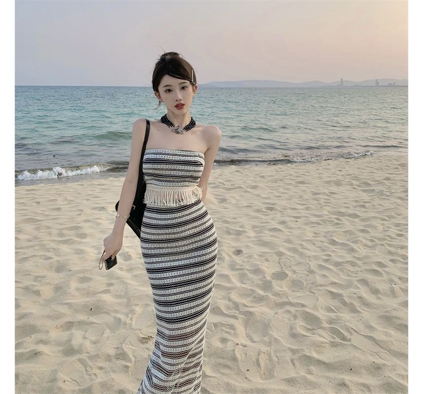 Set: Striped Tube Top + Mid Waist Maxi Pencil Skirt