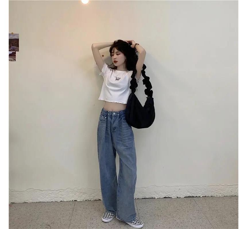 Crew Short-Sleeve T-Shirt Edge Neck Embroidered Lettuce Butterfly Crop