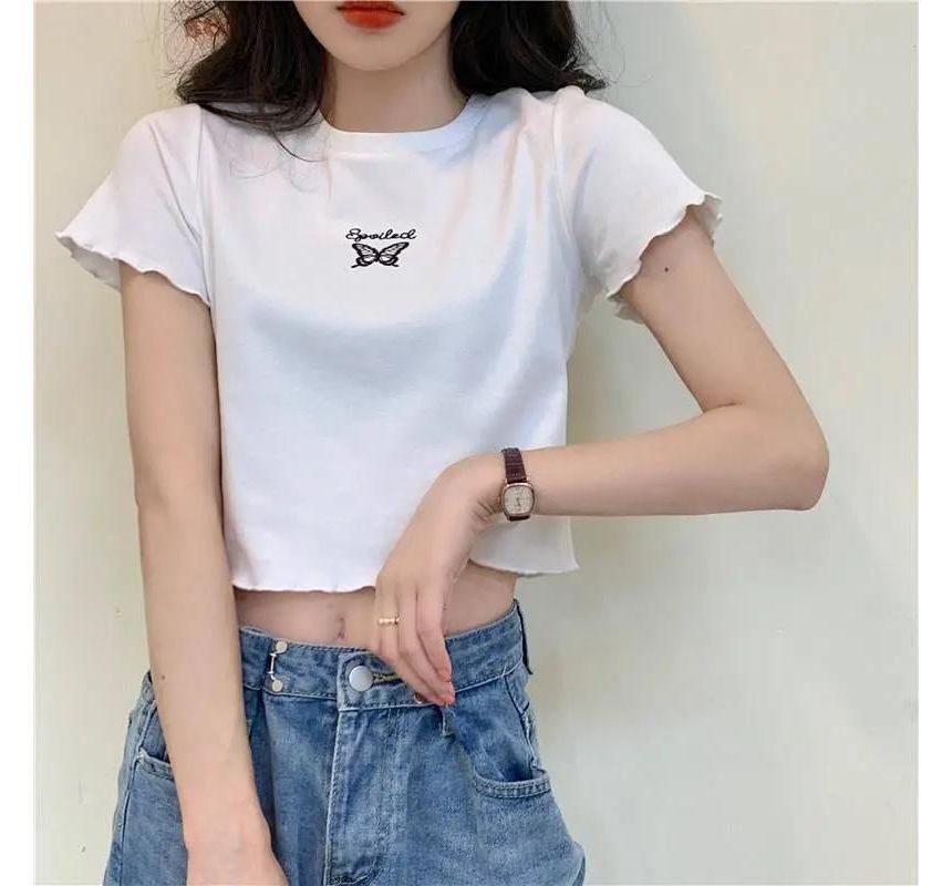 Crew Short-Sleeve T-Shirt Edge Neck Embroidered Lettuce Butterfly Crop