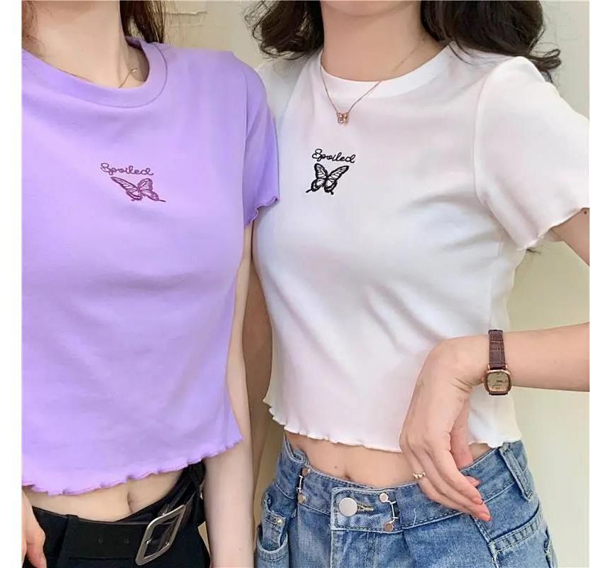 Crew Short-Sleeve T-Shirt Edge Neck Embroidered Lettuce Butterfly Crop