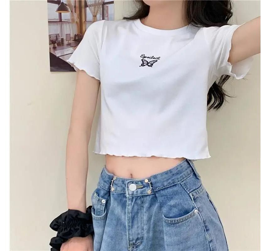 Crew Short-Sleeve T-Shirt Edge Neck Embroidered Lettuce Butterfly Crop