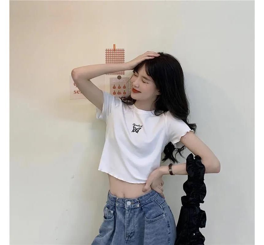 Crew Short-Sleeve T-Shirt Edge Neck Embroidered Lettuce Butterfly Crop