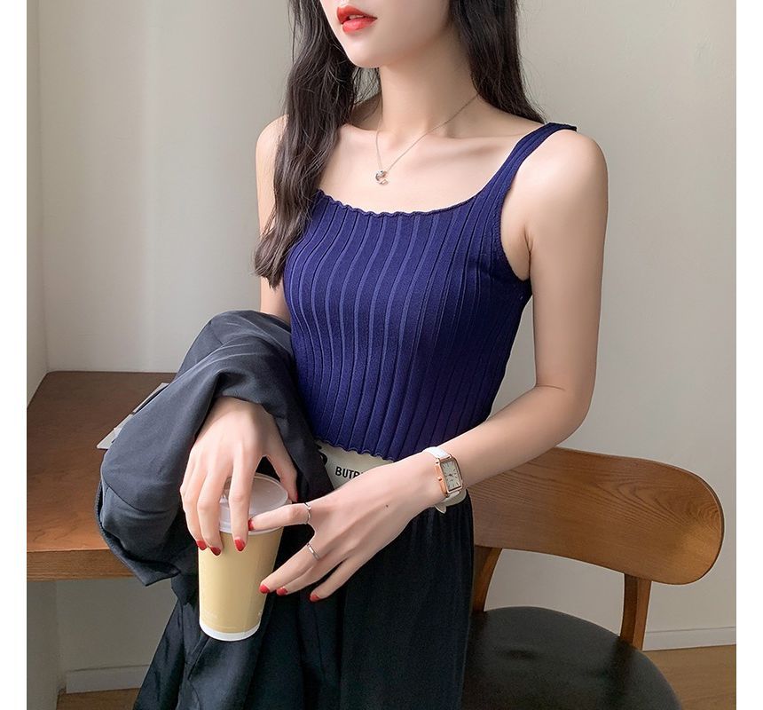 Neck Plain Square Tank Top Knit Ribbed Crop