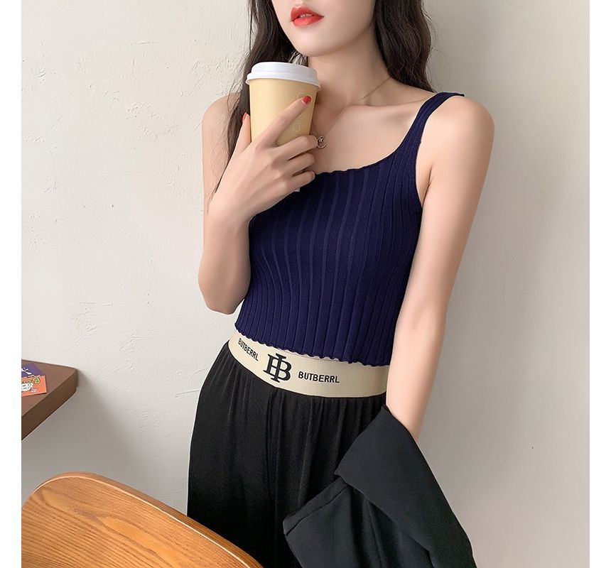 Neck Plain Square Tank Top Knit Ribbed Crop