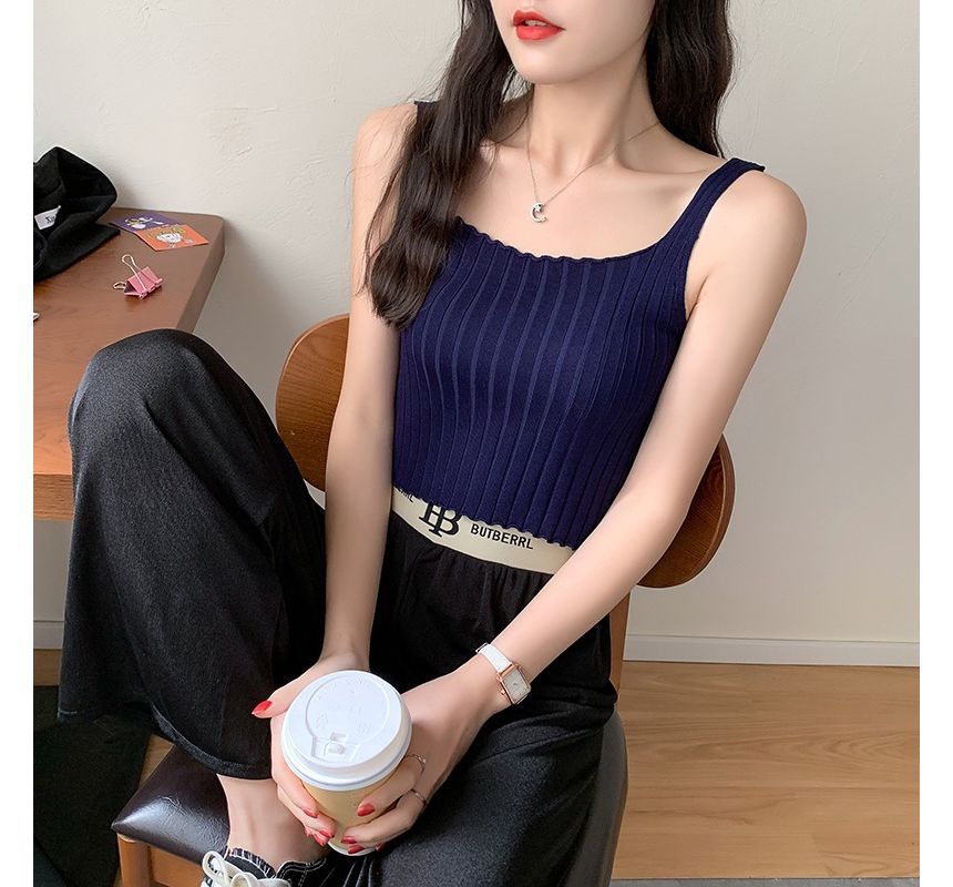 Neck Plain Square Tank Top Knit Ribbed Crop