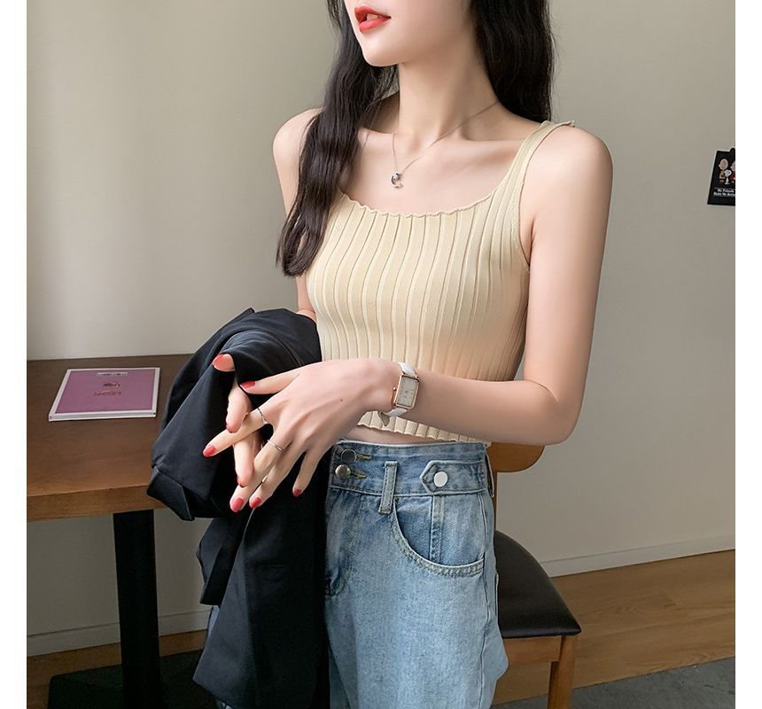 Neck Plain Square Tank Top Knit Ribbed Crop