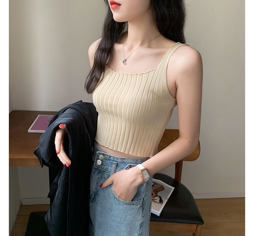 Neck Plain Square Tank Top Knit Ribbed Crop