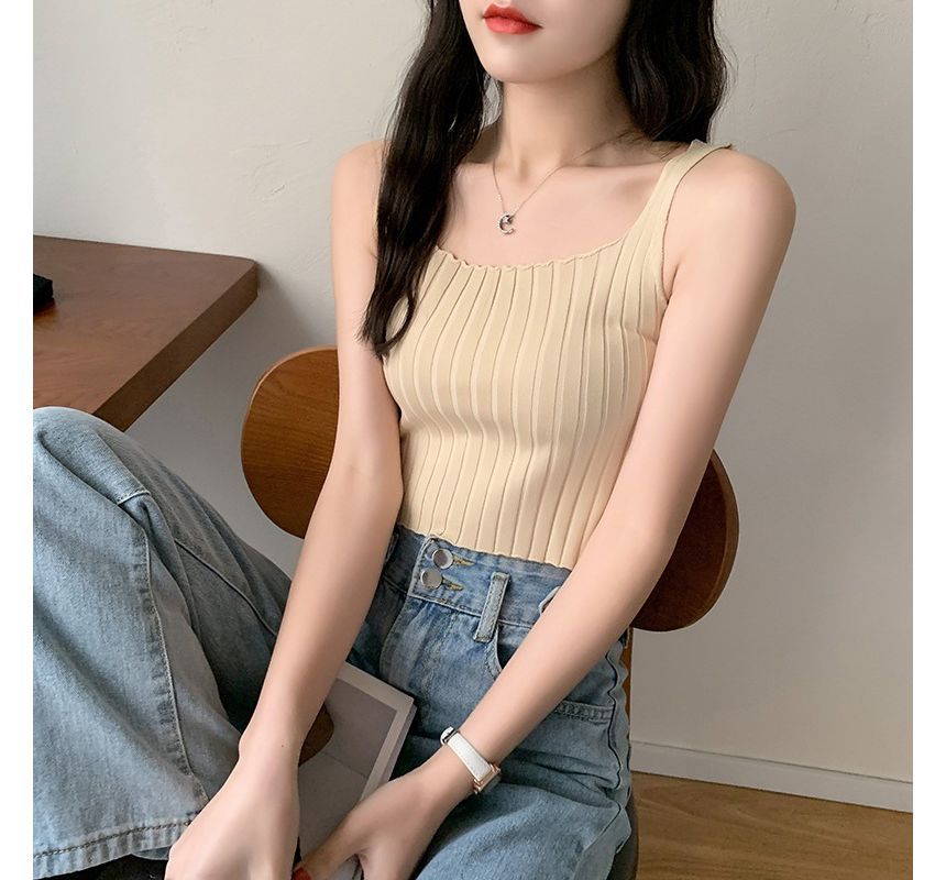 Neck Plain Square Tank Top Knit Ribbed Crop