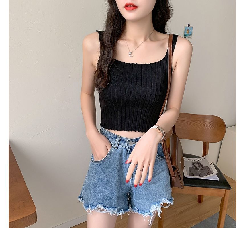Neck Plain Square Tank Top Knit Ribbed Crop