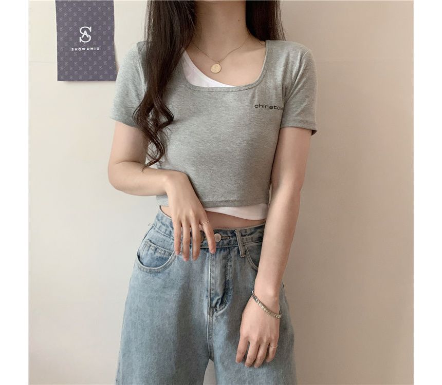 Short-Sleeve Mock Lettering Two-Piece T-Shirt Crop