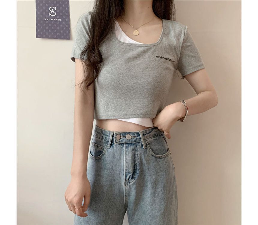 Short-Sleeve Mock Lettering Two-Piece T-Shirt Crop