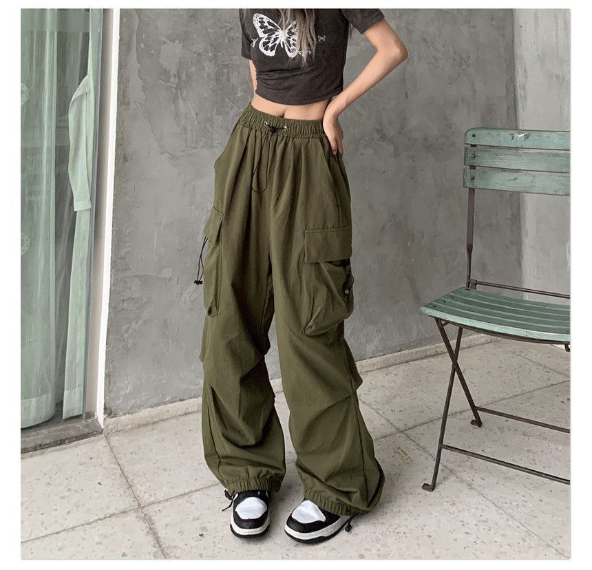 Leg Drawstring Wide Cargo Pants Waist Plain