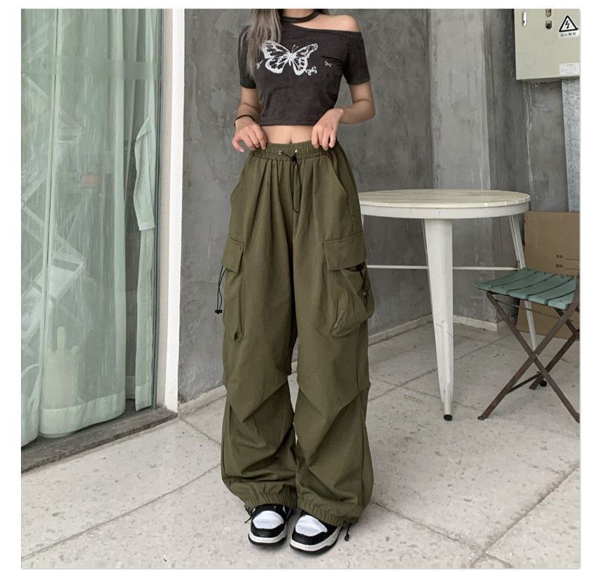 Leg Drawstring Wide Cargo Pants Waist Plain