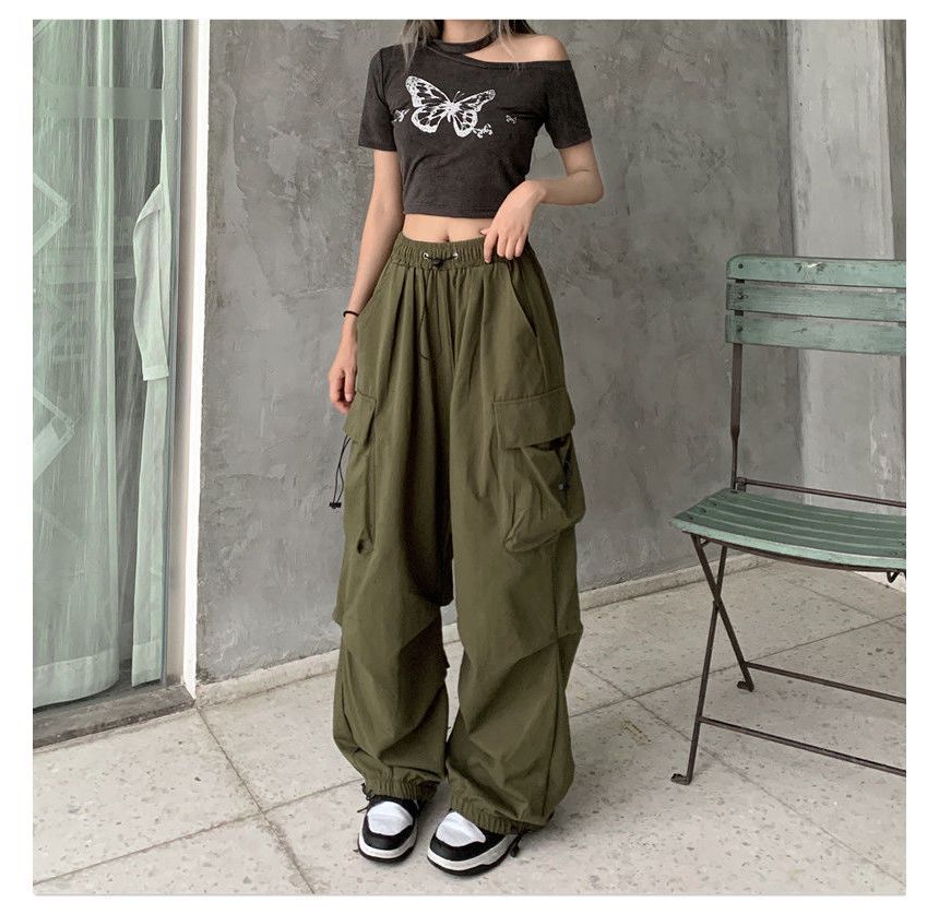 Leg Drawstring Wide Cargo Pants Waist Plain