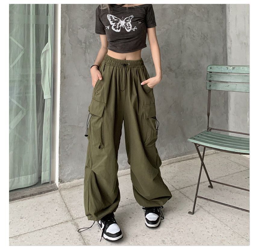 Leg Drawstring Wide Cargo Pants Waist Plain