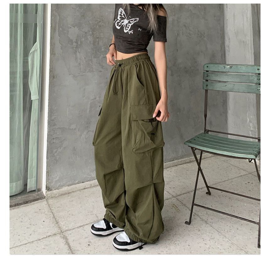 Leg Drawstring Wide Cargo Pants Waist Plain